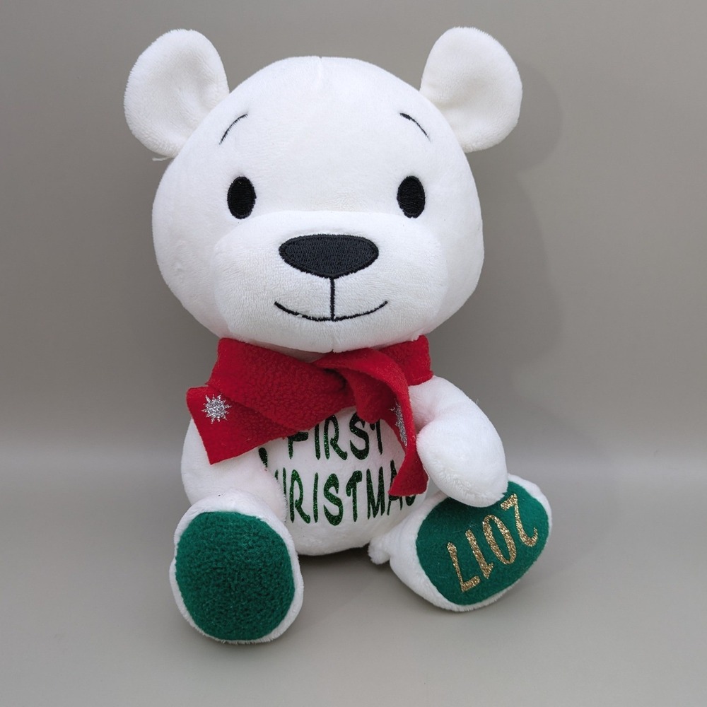 Hallmark Babies First Christmas 2017 White‎ Bear Green Sparkles Red Scarf 10"